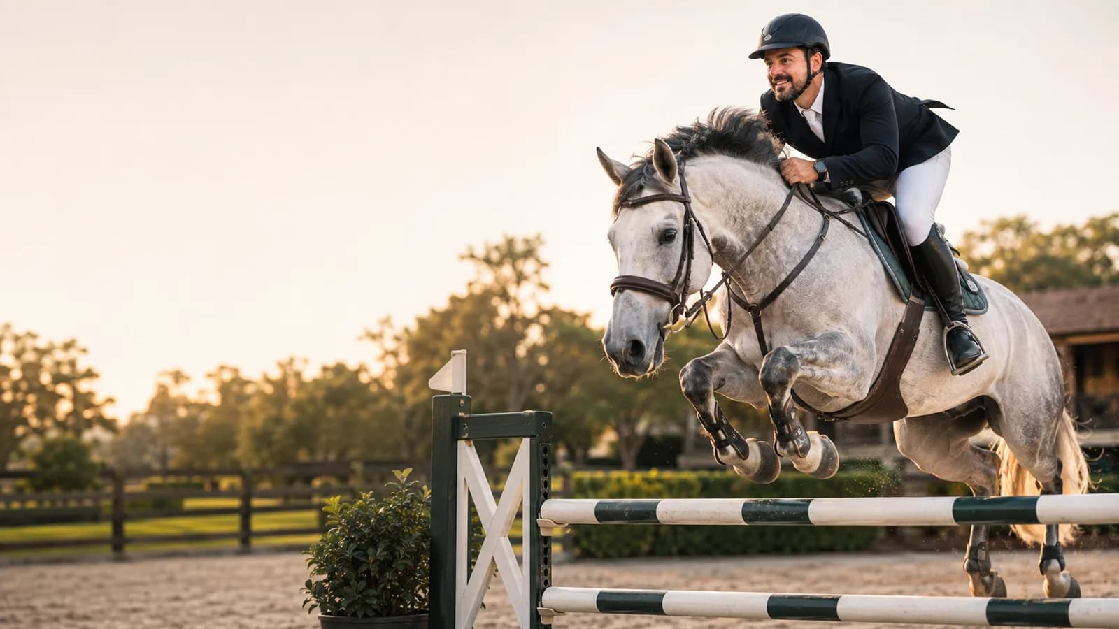 Cavaleiro de casaco escuro e capacete salta um obstáculo verde e branco montando um cavalo tordilho, no fim da tarde.