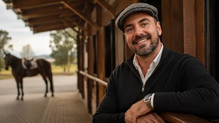 Homem de boina apoiado no corrimão de madeira das cocheiras; ao fundo, um cavalo escuro arreado.
